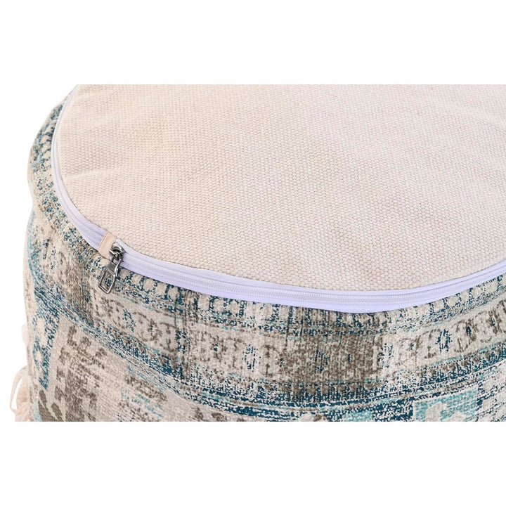 Beige Boden Kissen mit blau-braunem Araber Muster und Reißverschluss. Dekoratives Randbereich Design.