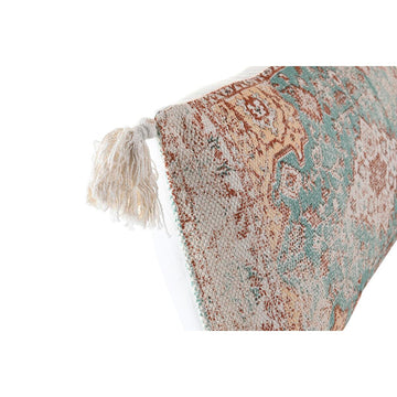 Beige-blaues Kissen im Araber-Stil mit Fransen am Randbereich. Dekoration für Zuhause.