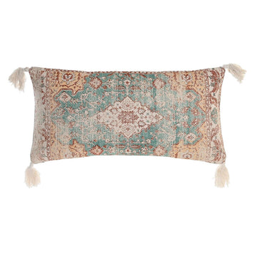 Beige blaues Kissen mit Araber Muster und Quasten. Dekokissen mit Randbereich.