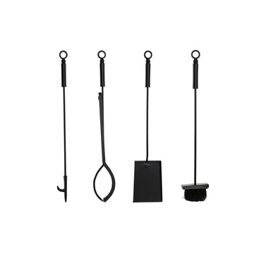 Schwarzes Kaminutensilien-Set aus Stahl von DKD Home Decor mit Schaufel, Zange, Besen und Schürhaken.