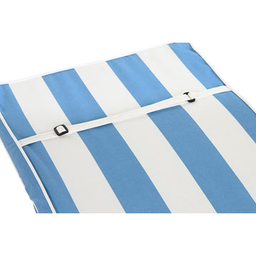 Weiß-himmelblaues Stuhlkissen mit Streifenmuster und Befestigungsband.