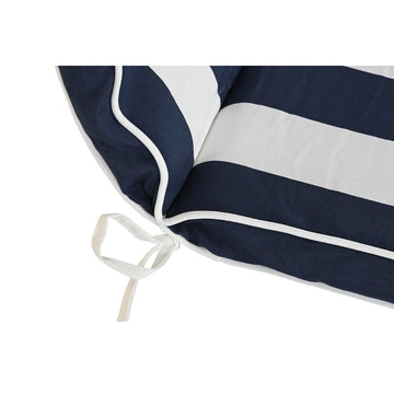 Detailaufnahme: Weiß-marineblau gestreiftes Kissen mit praktischen Bändern.