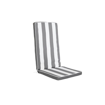 Gestreiftes Stuhl-Kissen in Grau und Weiß. Bequemes Kissen mit weißer Biese.