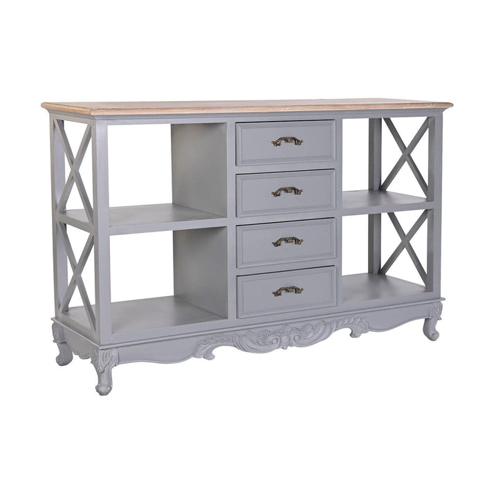 Graue DKD Anrichte aus Paulownia-Holz mit Schubladen und Regalen - homely Family Shop