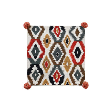 Bunter Kissenbezug von DKD Home Decor mit geometrischem Muster und roten Pompons.