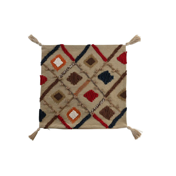 Bunter Kissenbezug mit geometrischem Muster und Quasten. Dekoratives Randbereich Kissen.