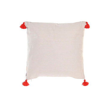 Buntes Ikat Kissen aus Polyester mit roten Quasten an den Ecken.