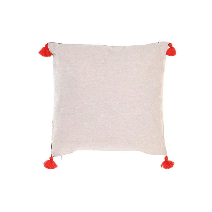 Buntes Ikat Kissen aus Polyester mit roten Quasten an den Ecken.