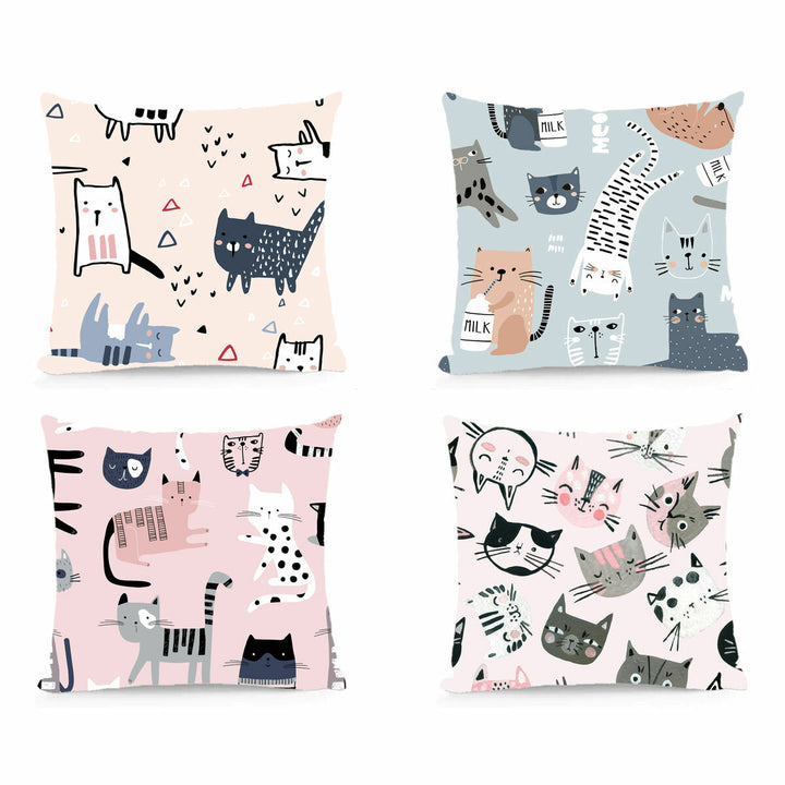 Bunte Kissen mit Katzen Motiven. Mikrofaser Kissen von DKD Home Decor im 4er Set.