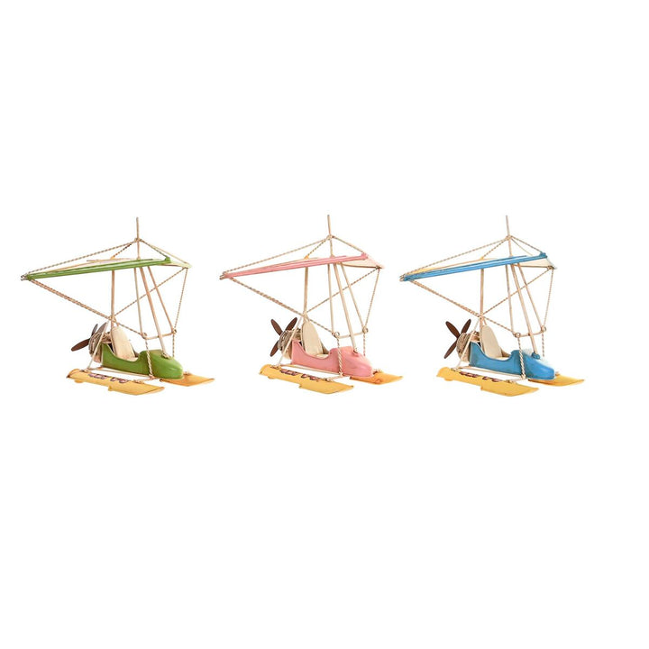 Vintage Deko-Figuren Set: Blaue, rosa und grüne Flugzeug-Ornamente mit Skiern.