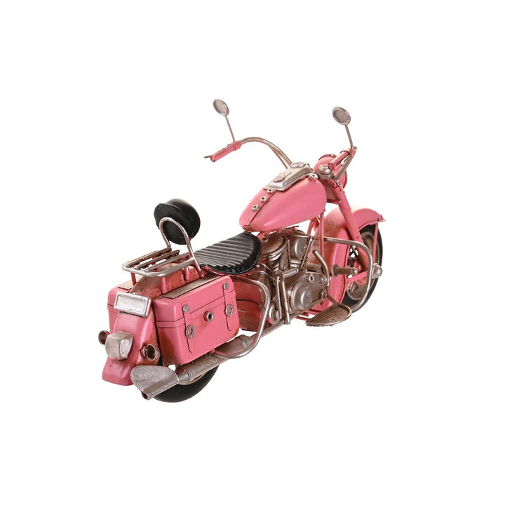 Rosa Deko-Figur Motorrad im Vintage-Stil. Detailreiche Ausführung mit grünen und gelben Akzenten.