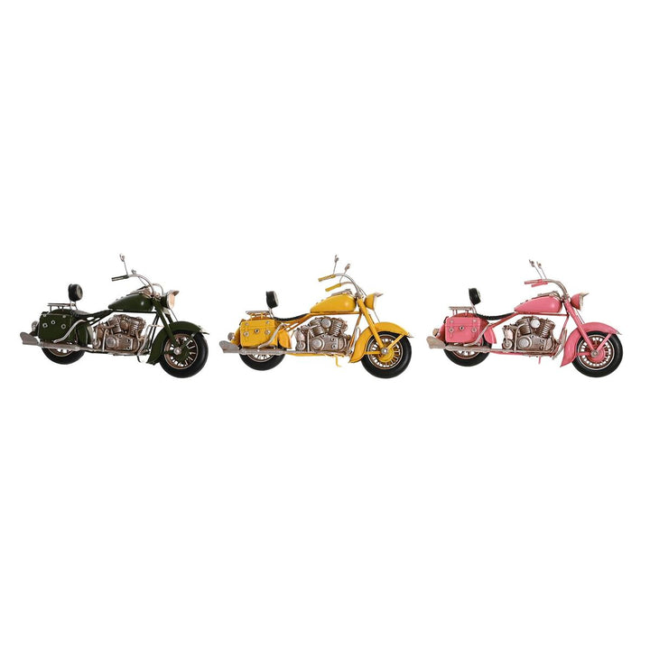 Vintage Deko-Motorräder in Rosa, Grün und Gelb. Detailreiche Figuren im 28x10x16 cm Format.