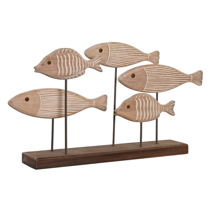 Helle Deko-Figur mit Antik-Finish zeigt fünf Fische mit Spiralen auf Holzsockel.