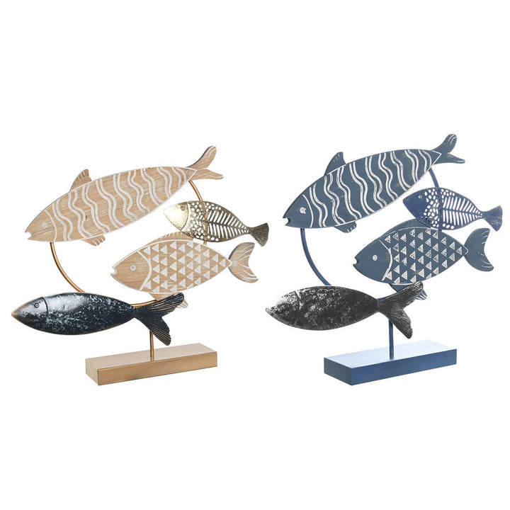 Dekorative Fischfiguren im mediterranen Stil mit Spiralen in Natur-, Blau- und Goldtönen.