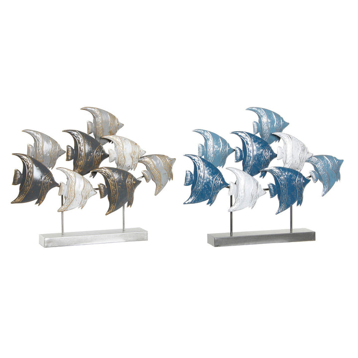 Zwei Deko-Figuren mit Fischmotiven in Blau- und Grautönen auf silbernem Sockel.