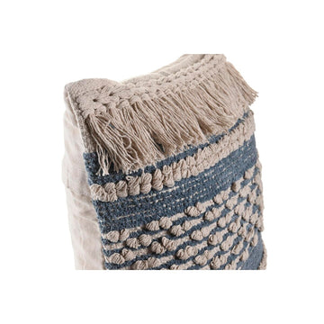 Blaues Kissen im Boho-Stil mit Fransen und dekorativen Details.