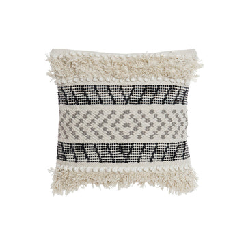 Boho Kissen in Schwarz und Beige mit geometrischen Mustern und Fransen.