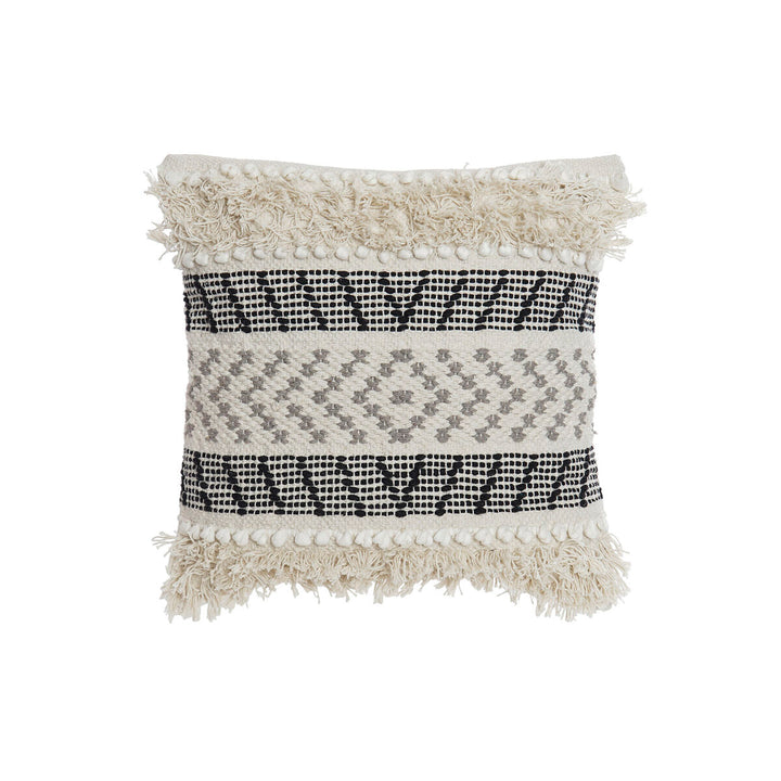 Boho Kissen in Schwarz und Beige mit geometrischen Mustern und Fransen.