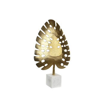 Goldfarbene Deko-Figur eines tropischen Pflanzenblatts auf einem weißen Sockel.