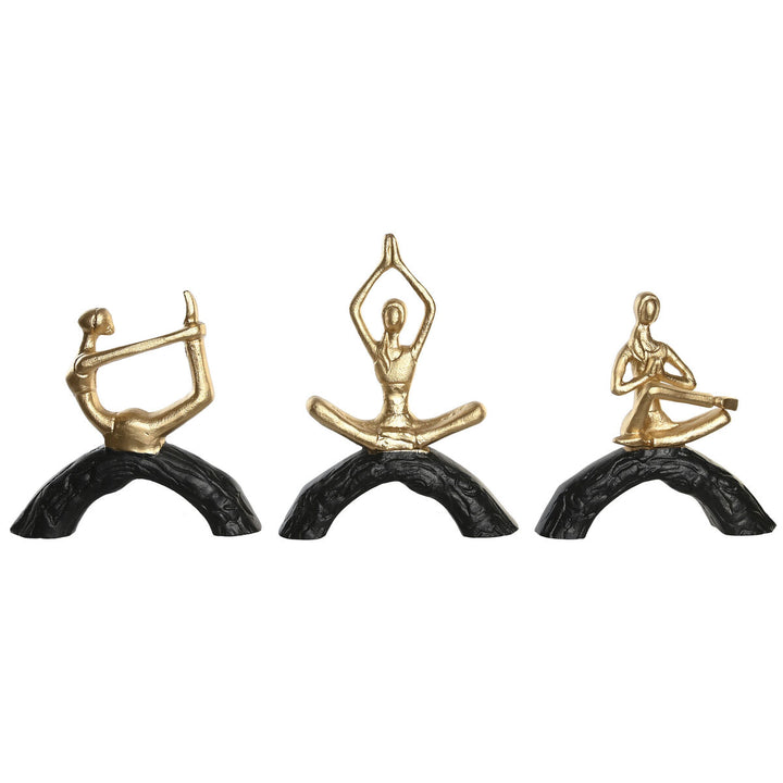 DKD Home Decor Yoga Figuren Set, Goldene Yoga Figuren auf schwarzen Basen.