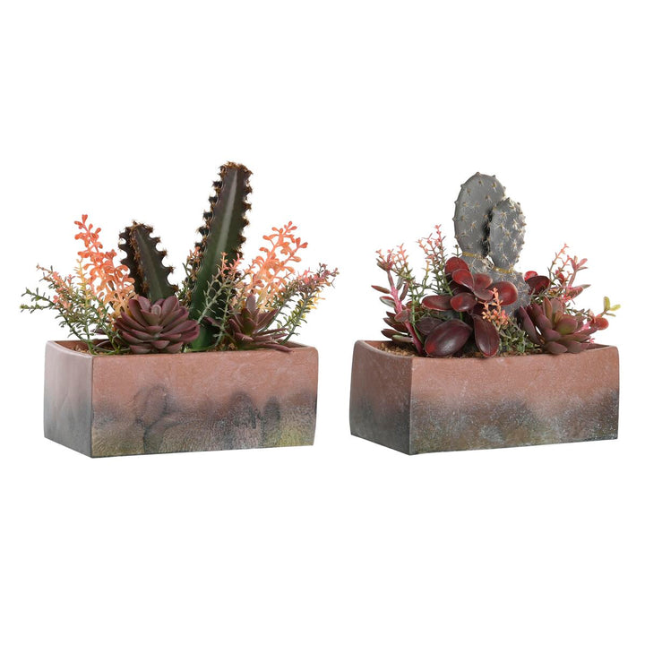 Zwei Deko-Pflanzen mit Kaktus und Moosgummi in rosa und orange Farben in rechteckigen Töpfen.