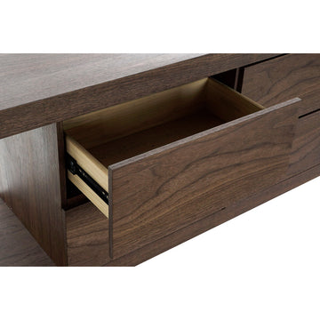 Detailaufnahme: Braune DKD Anrichte aus Nussbaumholz mit offener Schublade - homely Family Shop