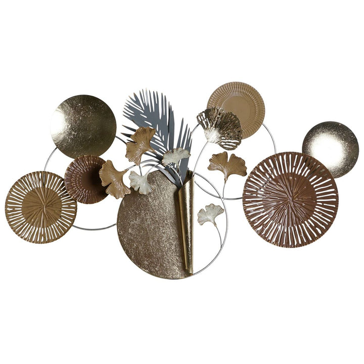 Grau-goldene Deko-Figur mit Kreisen und Pflanzen-Design für Wanddeko.