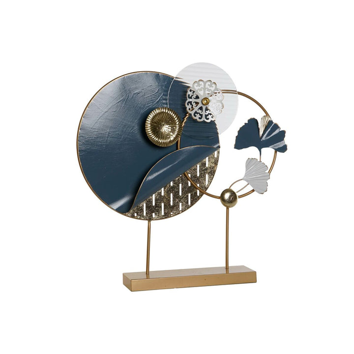 Moderne Deko-Figur in Blau, Gold und Weiß mit abstrakten Formen und goldenem Ständer.