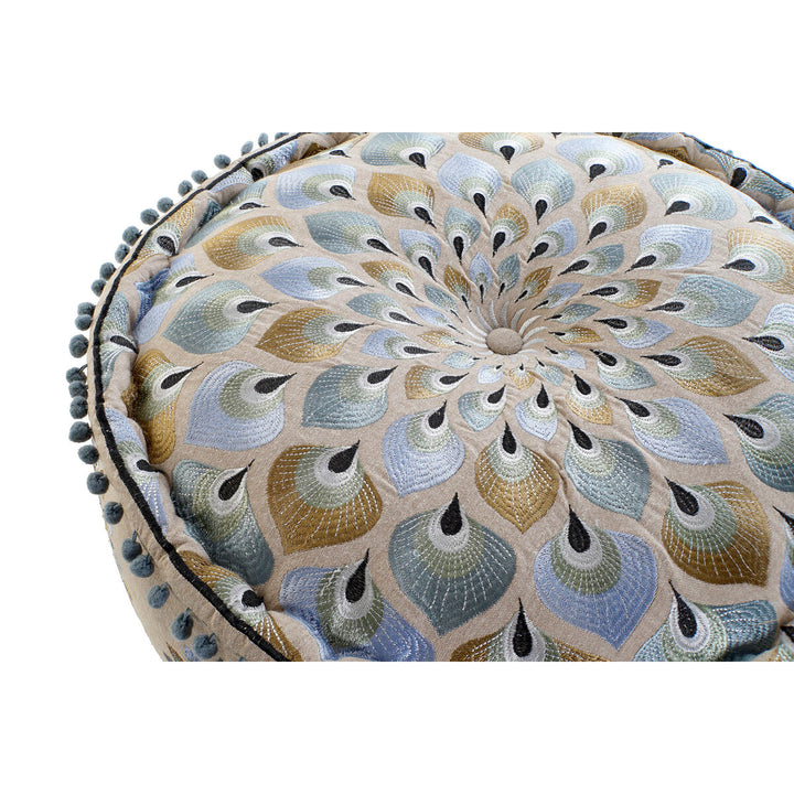 DKD Home Decor Puff mit blau-beigem Federdesign und Bommelrand - homely Family Shop