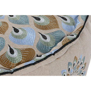 Nahaufnahme DKD Home Puff mit blau-beigen Pfauenfedern - homely Family Shop