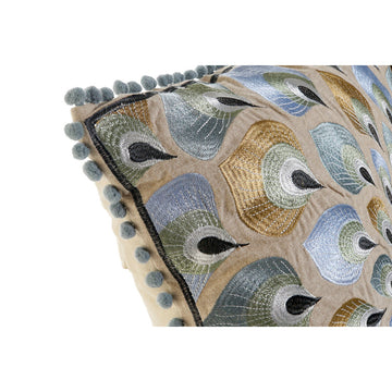 DKD Home Decor Kissen mit Pfauenfeder-Stickerei und Bommelborte in Beige und Blau.