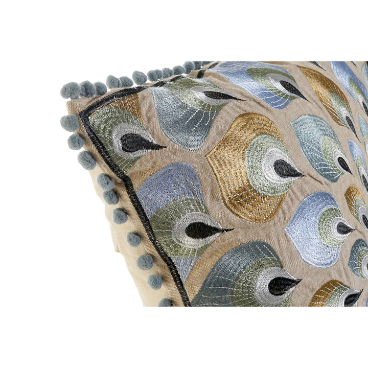 DKD Home Decor Kissen mit Pfauenfeder-Stickerei und Bommelborte in Beige und Blau.