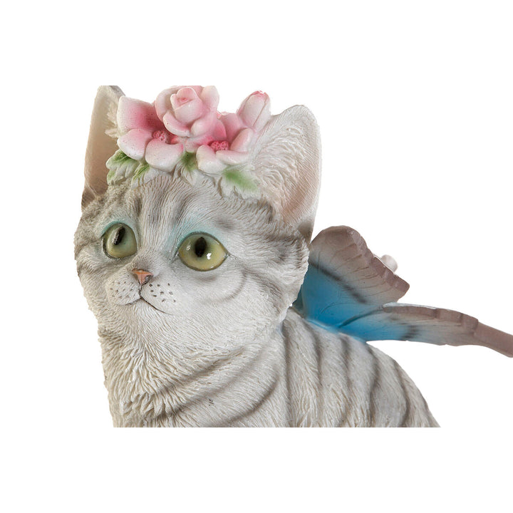 Dekorative Katzenfigur mit Blumenkrone und Schmetterlingsflügeln. Tierische Deko für Zuhause.