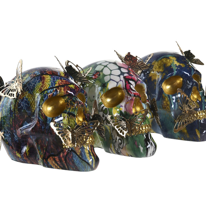 Bunte Totenkopf Deko-Figuren mit goldenen Schmetterlingen für ein lebendiges Zuhause.