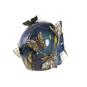 Bunte Totenkopf Deko-Figur mit goldenen Schmetterlingen verziert.