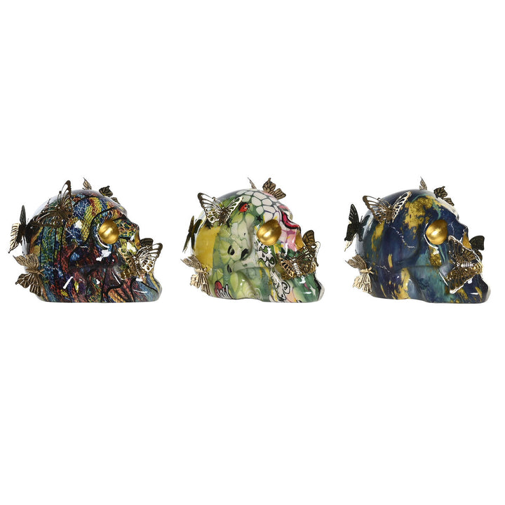 Bunte Totenkopf Deko-Figuren mit goldenen Schmetterlingen, 15,5x10,5x11 cm. Dekoratives Totenkopf-Set.