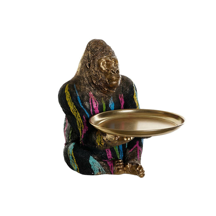 Bunte Gorilla Deko-Figur hält goldene Schale. Dekoratives Wohnaccessoire mit auffälligen Farbakzenten.