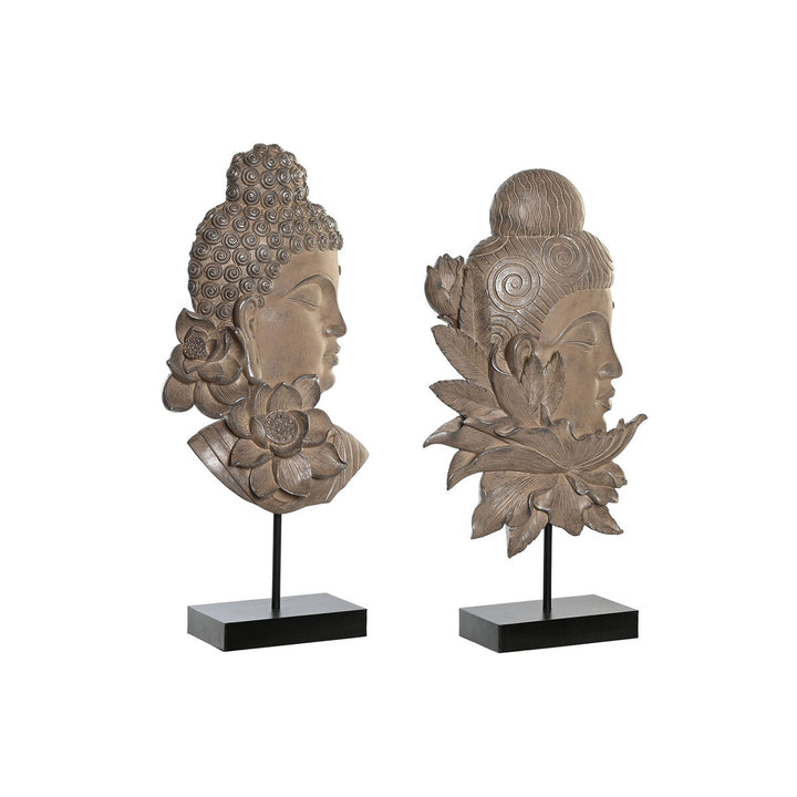 Braune Buddha Deko-Figuren mit Lotusblüten auf schwarzen Ständern, orientalische Dekoration.