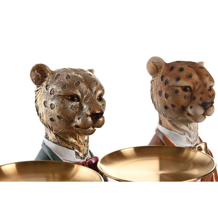 DKD Home Decor: Zwei Leopard Deko-Figuren in Blau, Gold und Braun mit Kolonialstil und goldenen Tabletts.