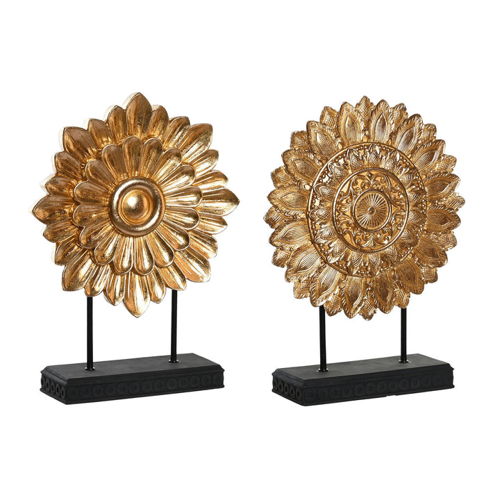Goldene Deko-Figuren mit Kreisen auf schwarzen Ständern. Moderne Dekoration, 2 Stück.