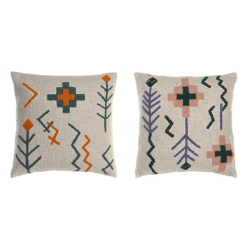 Zwei dekorative Kissen mit bunten geometrischen und floralen Stickmustern.