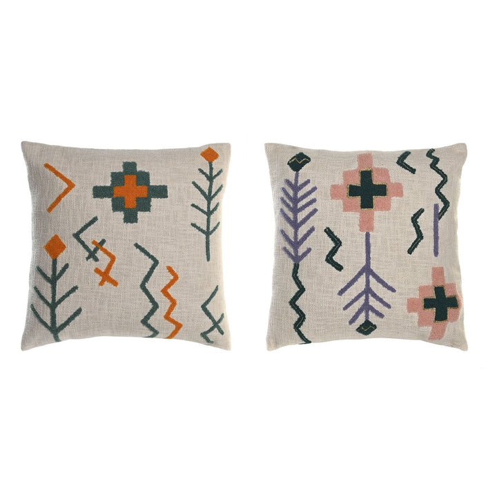 Zwei dekorative Kissen mit bunten geometrischen und floralen Stickmustern.