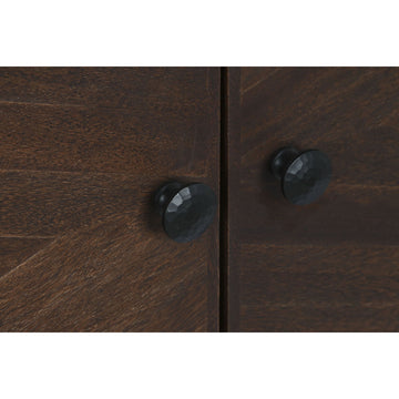 Detailaufnahme: Dunkelbraune Holz Anrichte mit schwarzen Knöpfen - homely Family Shop