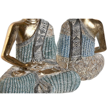 Türkisblaue Buddha Figuren im orientalischen Stil mit goldenen Akzenten als Deko.