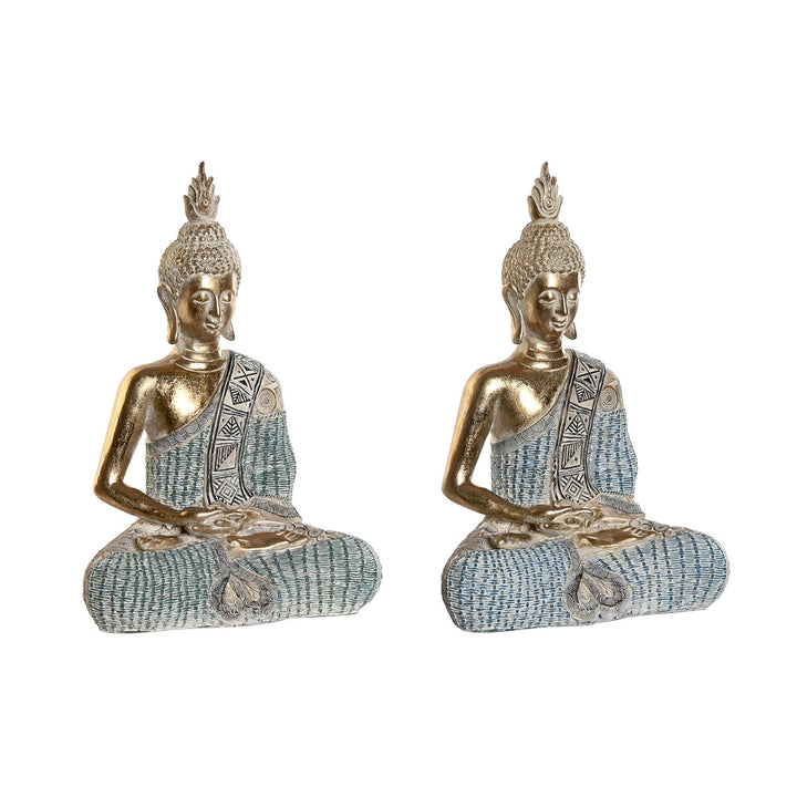 Zwei blaue Buddha Figuren im orientalischen Stil. Dekorative Buddha Statuen mit Decapé Finish.