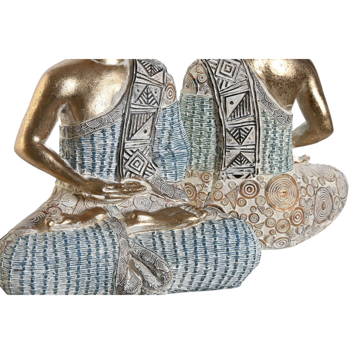 Türkisblaue Buddha Deko-Figuren mit orientalischen Mustern und Decapé-Finish.