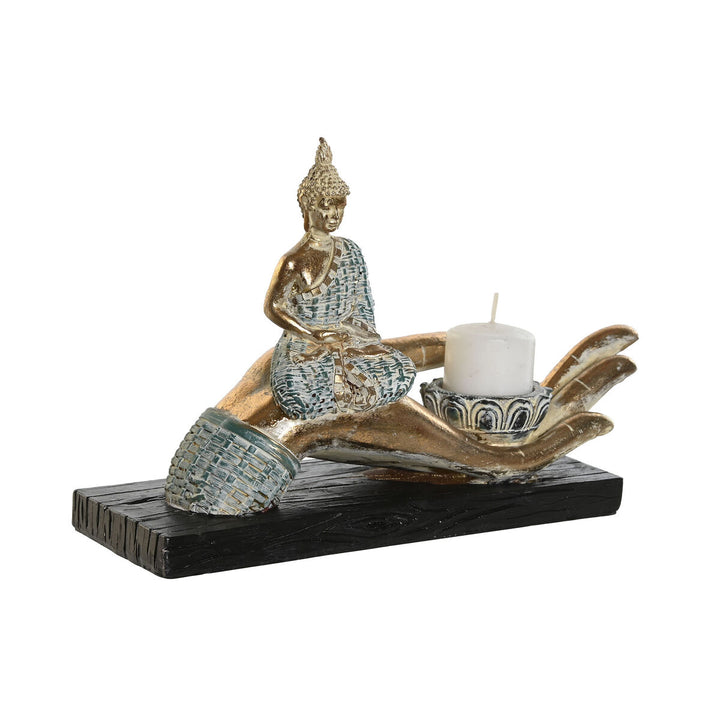 Blaue Buddha Deko-Figur mit Orientalisch Decapé Finish. Buddha sitzt auf Hand. 