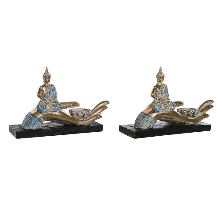 Türkis-blaue Buddha Deko-Figuren, orientalisch, auf goldfarbener Hand mit Decapé-Finish.
