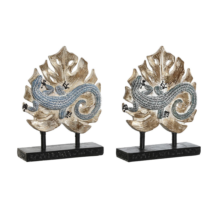 DKD Home Decor Deko-Figuren: Blaue Eidechse auf tropischem Blatt mit Decapé-Finish. 14,5 x 4 x 18,5 cm.