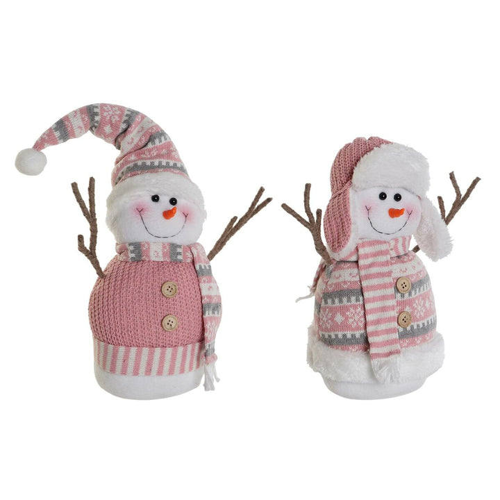Zwei rosa Deko Schneemänner mit Mützen und Schals. Winterliche Dekoration für Ihr Zuhause.